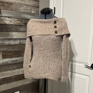 Elegant Beige Off-Shoulder Sweater with Button Accents